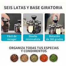 Especiero 6 Piezas Giratorio 360° Tipo Salero Organizador Para Condimentos Especias Sal Pimenterio Ahorrador De Espacio En Cocina Recipientes Vidrio Multiusos 6 Frascos Moderno Ideal Para Centro De Mesa - W3755 - Especiero 6 360 - Negro - Ver 5