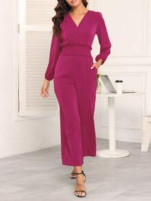 COMFYVOGUE Women's Solid Color Crossed V-Neck Lantern Sleeve Ruffle Wide Leg Elegant Jumpsuit - Màu Hồng Tươi - Xem 1