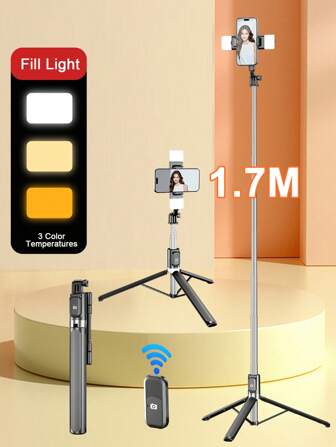 Tripé sem fio Bluetooth de 1,7 m/1,3 m para selfies, equipado com luz de preenchimento LED de 3 cores, suporte portátil para celular em aço inoxidável com rotação de 360eve e portátil, compatível com iPhone One 16, 15, 14, 13, 12, 11e/Max/Pro/Xs/Xr/X/Plus, compatível com Samsung Galaxy S25/S24/S23/S22Ultra, smartphones Android como Go e Sony, GoPro, adequado para viagens/selfies