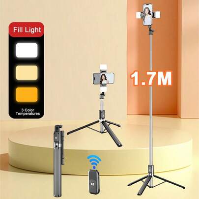 Gậy selfie không dây Bluetooth 1.7m/1.3 mét với đèn LED 3 màu, giá đỡ điện thoại di động bằng thép không gỉ xoay 360°, tương thích với iPhone 16/15/14/13/12/11e/Max/Pro/Xs/Xr/X/Plus, Galaxy S25/S24/S23/S22 Ultra, điện thoại thông minh Android, GoPro, thích hợp cho du lịch/chụp ảnh selfie.