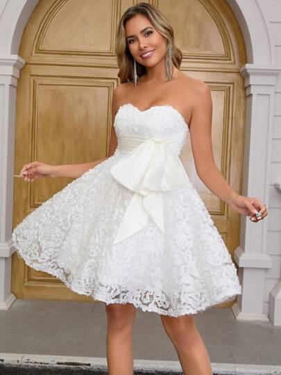 YUMIBRAVO Abito da sposa con fascia annodata in vita, con motivo floreale jacquard