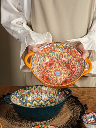 1pc Bohemian Style Ceramic Bowl With Dual Handles, High-End Design Suitable For Restaurants, Households, Noodle Bowl, Soup Bowl,School Supplies