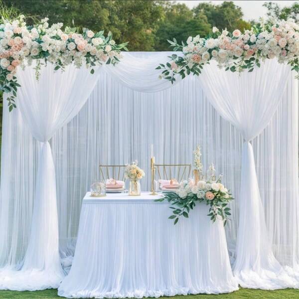 2 Stücke / 4 Stücke weiße Hochzeitsbogen Draperie Stoff, Hochzeitsbogen Pfosten durchscheinender Mesh Dekor Vorhang, für Zeremonie Empfang Deckendekor, Valentinstag, Geburtstag (verschiedene Größen)
