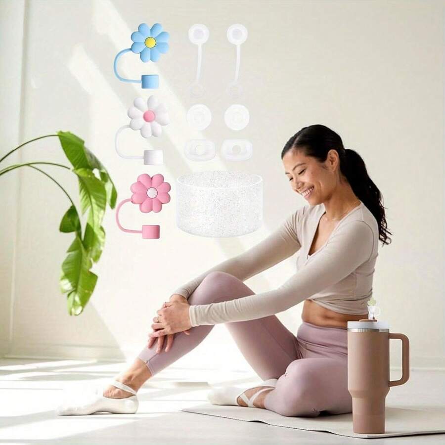 3PCS Flower Straw Cover Cap 6PCS Silicone Spill Proof Stopper 1PCS Bling Silicone Boot Sleeve Reusable Silicone Straw Topper Tips Lids Cups Accessories