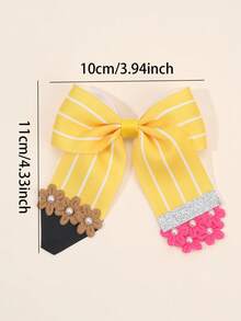 1pc Girl's Back-To-School Hair Bow Clip – Yellow Pencil Striped Print Hairpins,Rose Pink & Coffee Color Floral Decor Hair Bows With Faux Pearls Charms, Funny Pencil Design – Vintage Preppy Style Hair Accessories For School Season