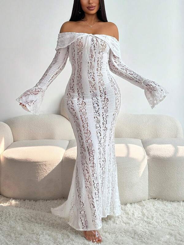 Sexy Slit Lace Hollow-Out Tie-Up Off-Shoulder Long Sleeve Fitted Fishtail Dress