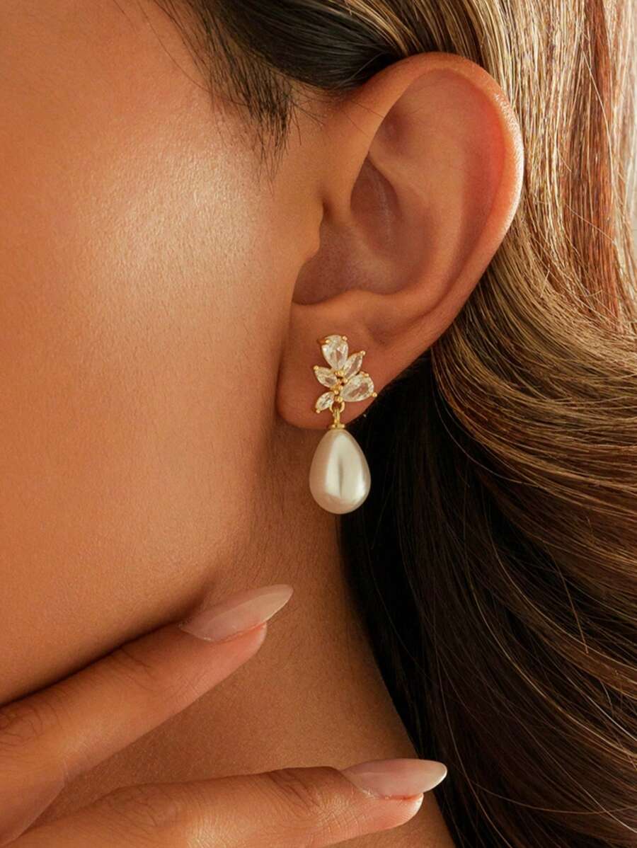 1Pair Gorgeous Gold - Plated Pearl & Cubic Zirconia Drop Earrings - Ideal For Daily Wear, Banquets, Gatherings, Weddings - Bridal Pearl Earrings