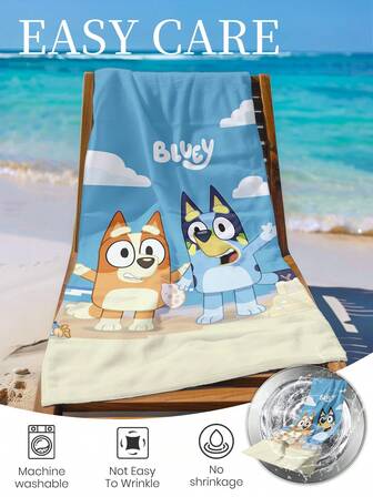  1 件 Bluey 沙滩巾，Bluey 和 Bingo 图案游泳巾，浴巾，时尚风格沙滩巾，超强吸水浴巾，适用于浴室、游泳、健身、瑜伽，柔软舒适的超细纤维毛巾，轻便便携，防风防晒，防沙，适合夏季旅行，假期浴室装饰，可选带或不带储物袋