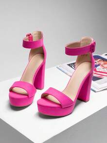 Women High Heel Chunky Block Platform Heels Buckle Decor Ankle Strap Open Toe Chunky Heeled Sandals, Perfect For Autumn Party, Wedding, Prom Night - Hot Pink - View 4