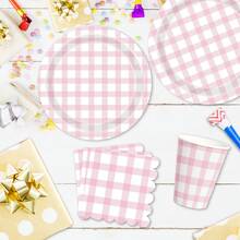 Light Blue And White Gingham Party Supplies Paper Plate Cup Napkin For Checkered Plaid Picnic Barbecue Birthday Disposable Dinnerware Serves 10 - Pink Plaid Tableware Set - View 3