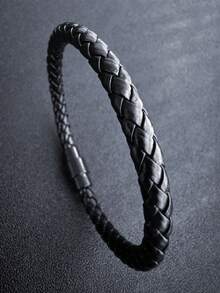1 件扣男士 PU 皮革手链，钛钢朋克编织腕带圣诞新年情人节节日礼物