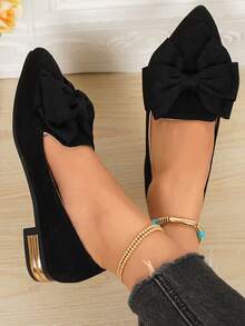 planare Tacones bajos tipo slip-on de moda para mujer, de color negro, elegantes para fiestas y vacaciones, con decoración de lazo, cómodos zapatos planos de tacón bajo para boda, fiesta, oficina, uso interior y exterior, verano - Negro - Ver 2