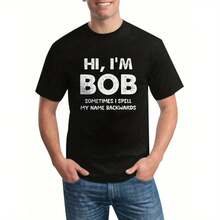 Hi, I'm Bob Printed Men's Round Neck T-Shirt, Short Sleeve Versatile Casual Summer Clothing, 220g Also  For Women - 黑色 - 查看 1