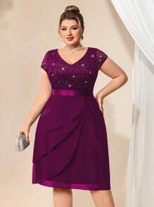 Plus V Neck Sequin Lace Contrast Ruffle Trim Chiffon Hem Cocktail Party Swing Dress