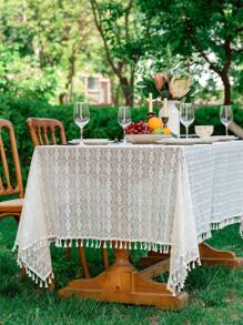 1 Pc Solid Color Four Leaf Clover Tassel Tablecloth, Rectangular Hollow Atmosphere Table Cloth, Suitable For Wedding, Holiday Gathering, Daily Home Use And Other Table Decor Textile