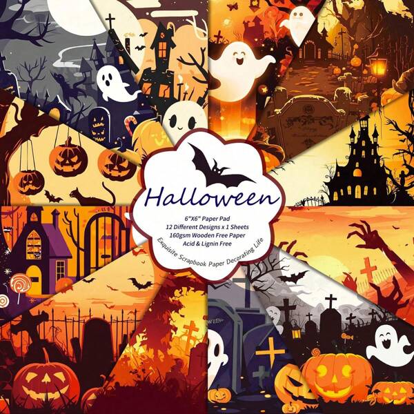 12 Blatt Halloween Scrapbooking Papier, 6"x6" Gothic Nacht Kürbis Lichter Scrapbooking Papier Cartoon einseitig dekoratives Papier, Zubehör für Basteln Junk Journal, Grußkarten basteln, Feiertagsdekoration, Geburtstag, Abschluss, Schulbeginn