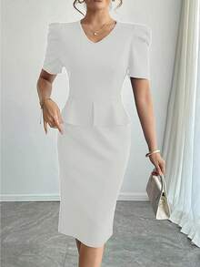 Dresses For Women 2025 Vintage Business Casual Work Office Proffessional Pencil Empire Waist Short Sleeve V-Neck Interview Teacher Sheath Peplum Dress Hide Tummy - 白色 - 查看 4