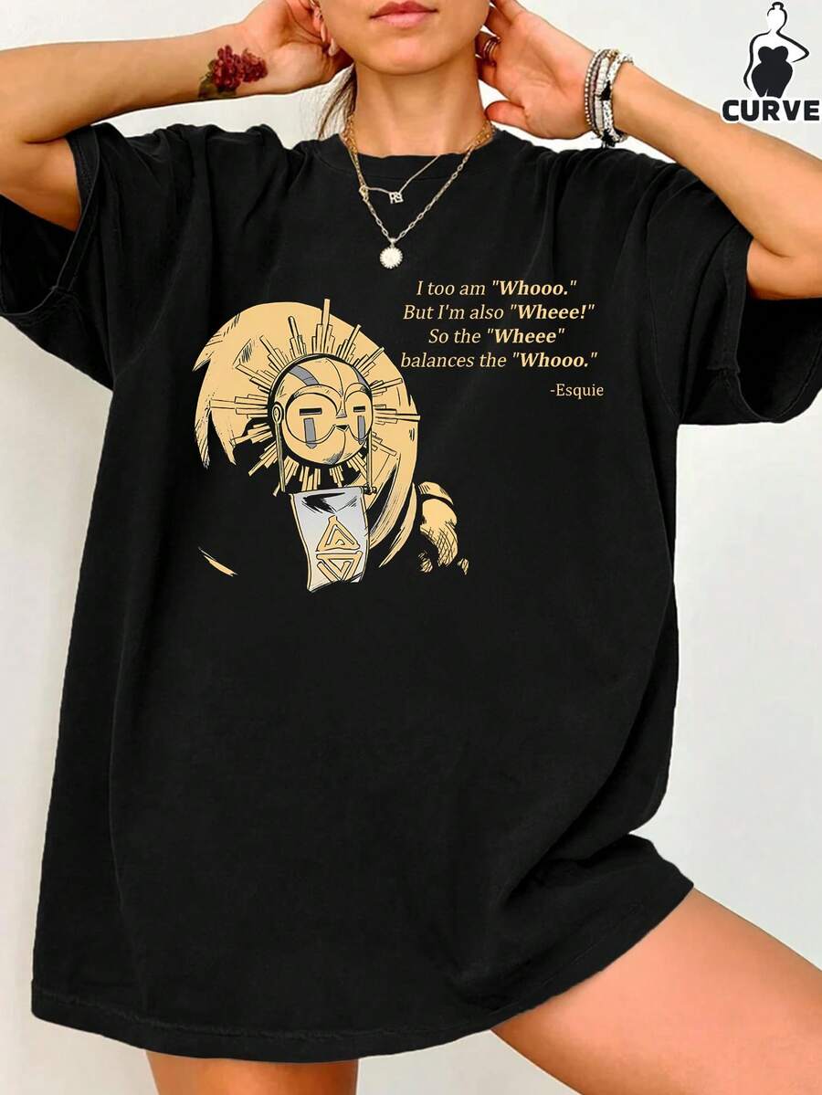Camiseta de manga corta y cuello redondo informal y casual de uso diario, con estampado gráfico de expedición Esquie Clair Obscur, para mujer de talla grande