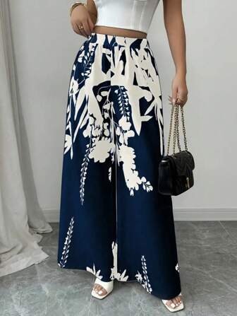 Plus 女款撞色树叶花朵印花长款阔腿裤