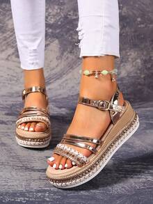 Summer Fashion Women's Wedge Sandals, Bohemian Style Rivet Open-Toe Design With Ankle Strap, Breathable And Comfortable Casual Elegant Flat Shoes - Gold - View 8