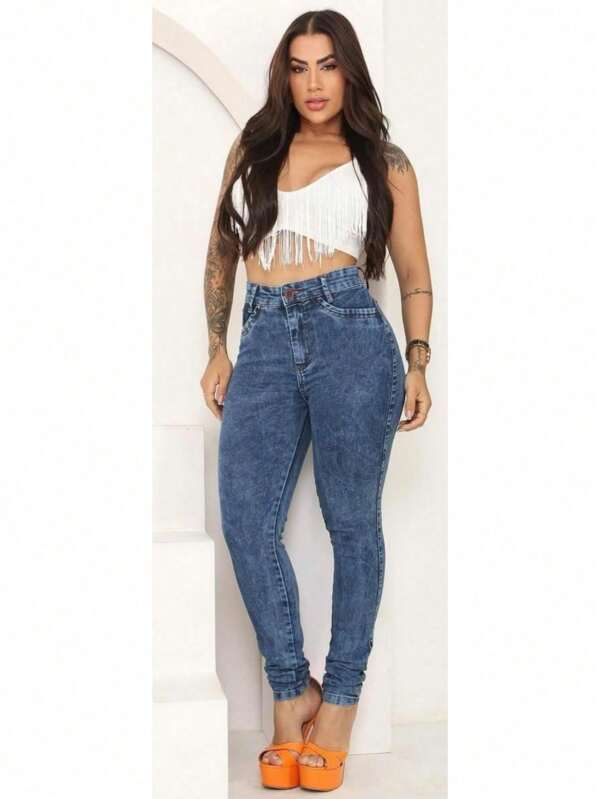Calça Jeans Feminina Cintura Alta Skinny Empina Bumbum Com Elastano
