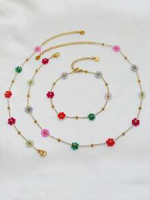 Daisy Flower Bracelet Necklace Anklet Earrings Set, Suitable For Women Spring/Summer Outfits
