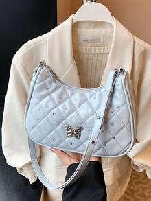 1 Pc New Pu Material Girl's Diamond-Shaped Butterfly Rhinestone Decorated Solid Color Shoulder Bag, With Adjustable Shoulder Strap And Smooth Zipper Opening And Closing, Fashionable, Exquisite, Simple And Beautiful, Suitable For Daily Shopping, Commuting And Vacation - A - View 7
