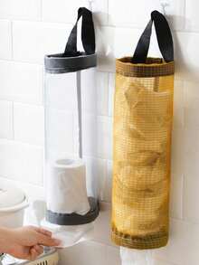 1pc Hanging Garbage Bag Holder, Foldable Breathable Mesh Hanging Plastic Bag Dispenser, Garbage Bag Organizer, Household Kitchen Accessory, Wall Mounted Trash Bag Holder (Random Color & Style) - Black - View 10