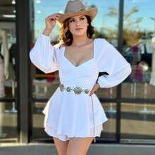 Women's Ruffle Self Tie Romper - Perfect For Western& Womenswear Overalls Suits Long Sleeve Comfort Basic - White - View 2