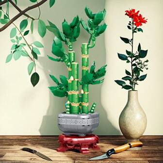 Lucky Bamboo bouwblokkenset, bloempotblokken in verschillende stijlen, Lucky Bamboo, Magnolia, Persimmonbloem, Oosters rood, blokken om in elkaar te zetten voor volwassenen, creatieve bouwspeelgoedmodellen, decoratie voor woonkamer/bureau, kerst-/Halloween-/Valentijnsdag-/Moederdagcadeau, bouwstenen voor volwassenen, puzzels voor volwassenen