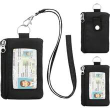 Minimalist RFID Wallet With Lanyard, Multi-Functional ID Case With 2 Zipper Pockets And Key Chain For Men And Women, Tactical Badge Pouch Cards Holder, Coin Purse For Travel Sports-Black - Pink - View 8