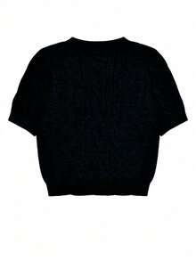 Women's Loose Casual Solid Color Short Sleeve Knit Top, Summer - Navy Blue - View 5