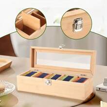 1pc Bamboo Tea Bag Organizer With Transparent Glass Lid - Multi-Compartment Storage Box For Tea, Coffee, And Desk Supplies, Natural Wood Finish, Colorful Tea Bag Display, Perfect For Kitchen Or Office Organization, Tea Storage, Shelf Baskets Back To School