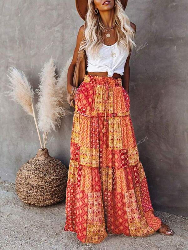 Women's New Bohemian Style High Waist Loose Casual Long Skirt, Elegant Color Block Floral Print Patchwork Lace Hem Skirt, Spring/Summer