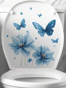 1/2pcs Flower Toilet Stickers Butterfly Toilet Lid Decals, Removable Self-Adhesive Waterproof Bathroom Wall Sticker, Decorative For Bathroom, Bathroom Decor, Wall Art For Home Cistern Restroom Bathroom Decals