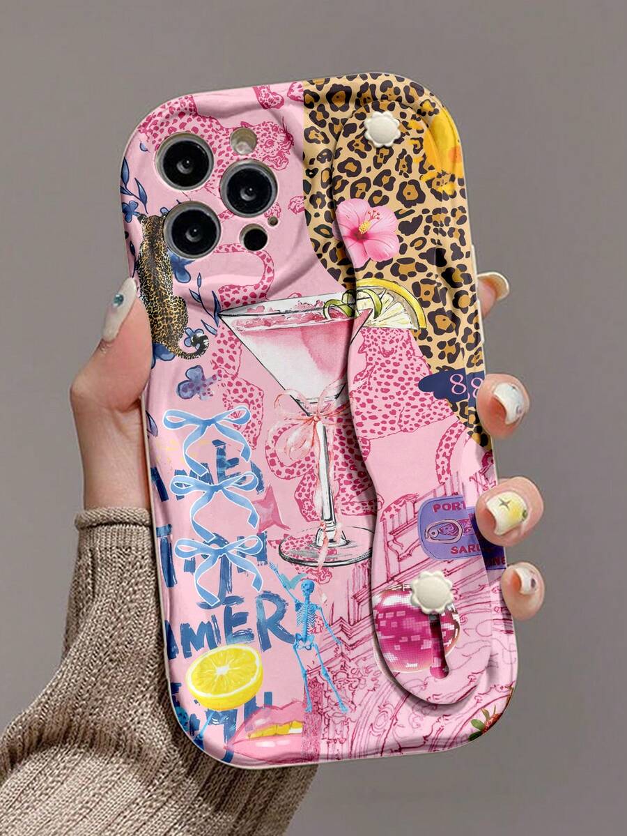 Cheetah,Leopard Print 1pc Fashion Summer Cocktail Leopard Print Thick Shockproof Phone Case With Stand Feature, Compatible With Apple & Series - Multicolor - View 1