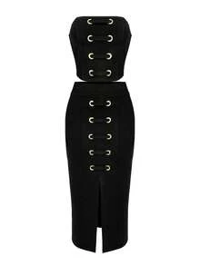 2025 New Elegant Sleeveless Backless Two Pieces Cocktail Dress, Solid Color, Slit Hem, Suitable For Weddings, Galas, Formal Parties And Events - Black - View 4