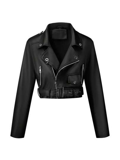 Risissida Women's Autumn/Winter Street Style Faux Leather Short Biker Jacket - Asymmetric Zipper, Adjustable Waist Belt, Fashionable Urban Commuter Look