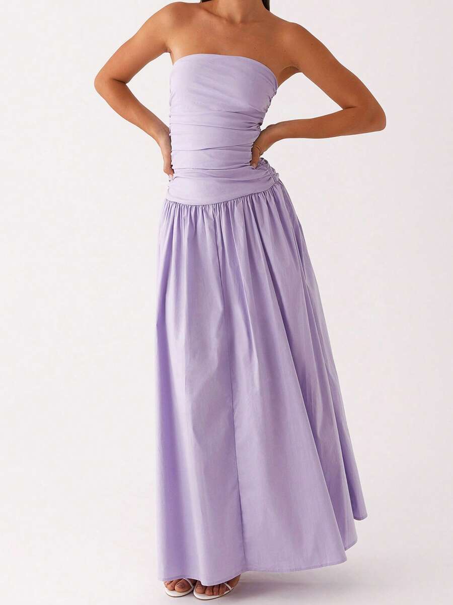 Women Elegant Tube Long Dress Ruched Dress Boat Neck Dress Backless Dress Sleeveless Dress Strapless Dress Flowy Dresses Off Shoulder Dress - Yellow - View 1