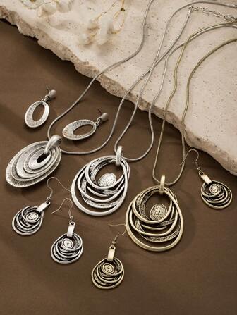 1pc Necklace & 1 Pair Earrings Fashion Geometric Jewelry Set, Vintage Charming Minimalist Bronze & Silver Tone Zinc Alloy, Suitable For Women Daily Wear, Party, Vacation Gift