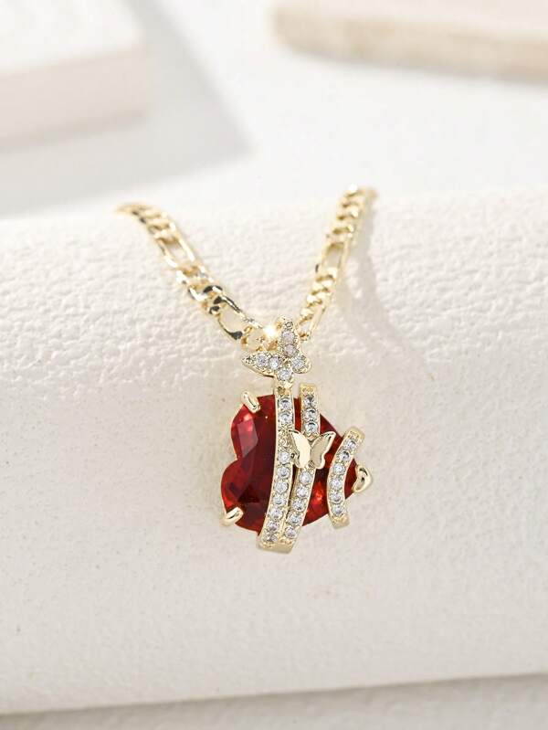 1pc Ruby Heart Shape Butterfly Pendant Necklace Set, Suitable For Women, Multipurpose Wear, Great For Summer, Beach, Easter Gift