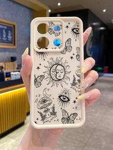 1 pieza Funda de teléfono elegante y simple con patrón de línea de luna y mariposa en lente de arena beige, Body completo a prueba de golpes, grueso TPU, compatible con iPhone/Redmi/VIVO/OPPO, versión internacional a prueba de agua, resistente a caídas y arañazos, no la versión nacional - Beis - Ver 11