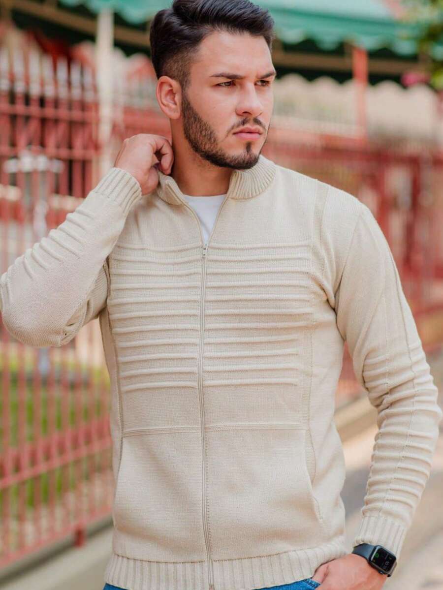 Men's Winter Coat Wool Knit Men's Jacket With Pocket And Zipper - Beige - View 1