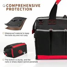 New Waterproof Tool Bags For Men Or Women, 16-Inch Wide Mouth Tool Tote Bag  25 Pockets For Tool Anizer & Storage,  Adjustable Shoulder Strap (16IN, Black/Red) - Black/16IN - View 5