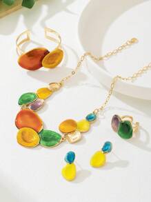 1 Set Colorful Dopamine Inspired Asymmetrical Geometric Ellipse Pendant Necklace, Bracelet, Earrings And Ring For Women, Suitable For Vacation, Daily Wear, Music Festival