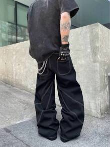 1pc Men's Vintage Washed Denim Jeans With Thorn Embroidery, Loose Baggy Fit, American Style