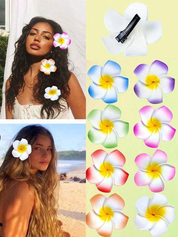 15 piezas - Clips para el cabello con flores hawaianas, clips para el cabello con flores de ciruela espuma, decoraciones para fiestas tropicales hawaianas, ropa para la playa y la piscina, artículos para fiestas hawaianas, boda nupcial. Flores artificiales para mujeres, flor de espuma Plumeria.