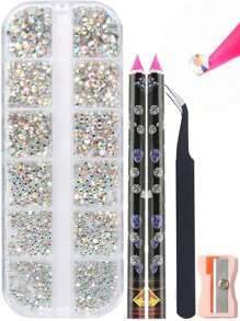 Cristal Strass Decoração de Unhas Conjunto de Tamanhos Mistos Pedras Planas Claras e AB Inferiores, Gemas de Diamante DIY Ferramenta de Arte de Unhas Caneta Pontilhadora, Pinça, Suprimentos para Unhas