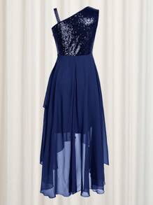 Vestido de fiesta para mujer con lentejuelas, de un hombro, sin mangas, cintura alta, estilo línea A, largo midi, vestido de fiesta de talla alta