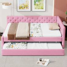 Merax Full XL Size Daybed, Linen Upholstered Corner Bed With Twin XL Trundle, Tufted Button Platform Bed, Solid Wood Bed Frame, No Box Spring Needed, Pink - Full XL-Pink - View 2